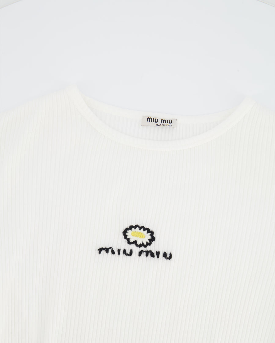 Miu Miu White Crop Top with Daisy Detail and Frill Hem Size S (UK 8)