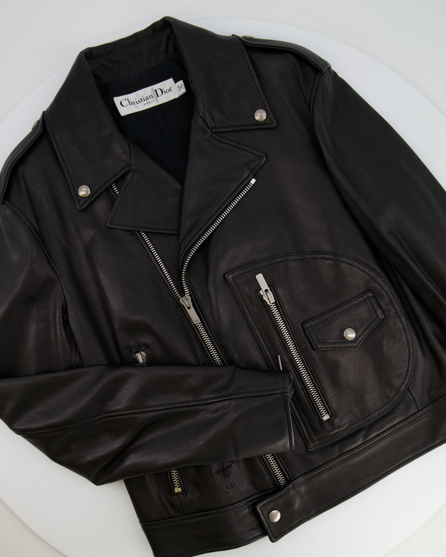 Christian Dior Black Leather Biker Jacket with Silver Zip Detail and Stitch Logo FR 40 (UK 12)