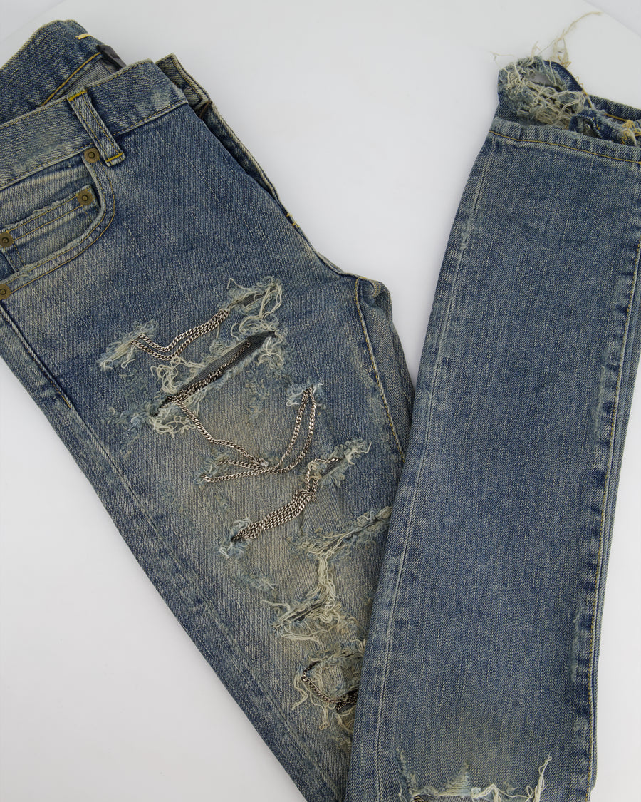 Saint Laurent Distressed Skinny Jeans With Silver Chain Detail Size 27