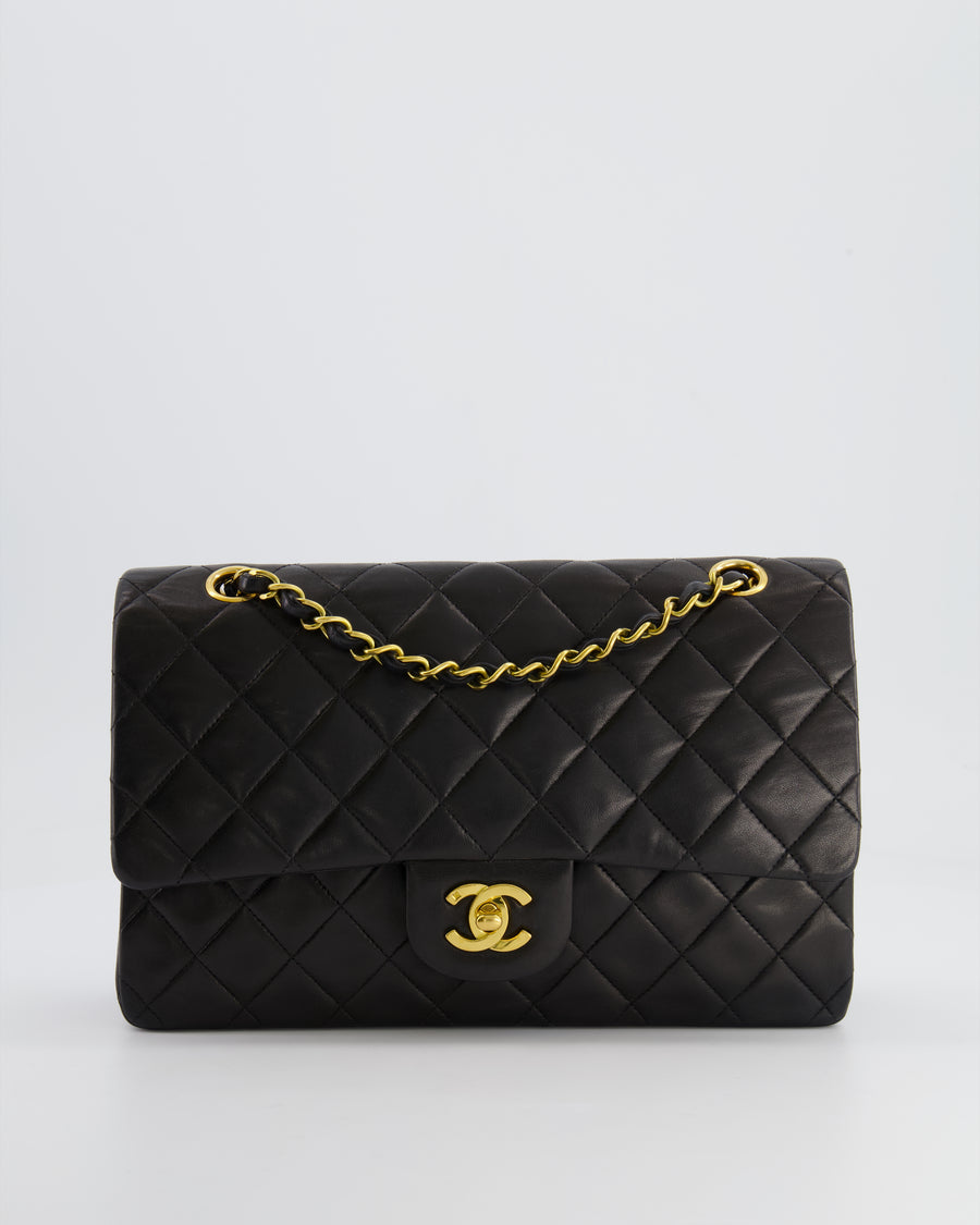 *FULL SET* Chanel Vintage Black Medium Classic Double Flap Bag in Lambskin Leather with 24K Gold Hardware