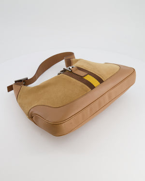 Gucci Brown Suede, Leather Vintage Jackie Bag with Yellow Stripe Detail Silver Hardware