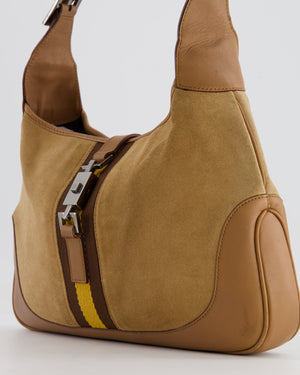 Gucci Brown Suede, Leather Vintage Jackie Bag with Yellow Stripe Detail Silver Hardware