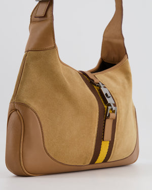 Gucci Brown Suede, Leather Vintage Jackie Bag with Yellow Stripe Detail Silver Hardware