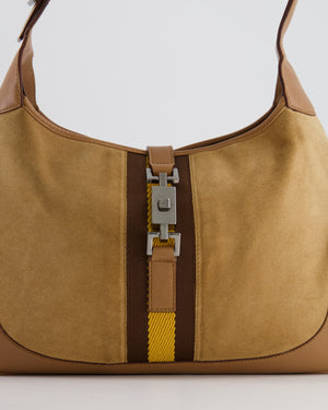 Gucci Brown Suede, Leather Vintage Jackie Bag with Yellow Stripe Detail Silver Hardware