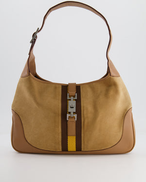 Gucci Brown Suede, Leather Vintage Jackie Bag with Yellow Stripe Detail Silver Hardware