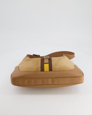 Gucci Brown Suede, Leather Vintage Jackie Bag with Yellow Stripe Detail Silver Hardware