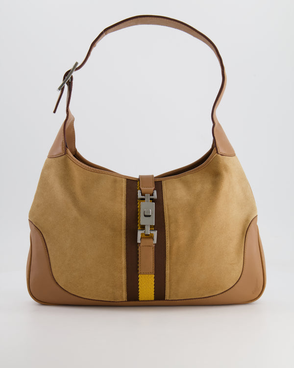 Gucci Brown Suede, Leather Vintage Jackie Bag with Yellow Stripe Detail Silver Hardware