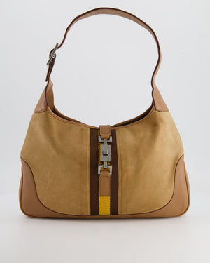 Gucci Brown Suede, Leather Vintage Jackie Bag with Yellow Stripe Detail Silver Hardware