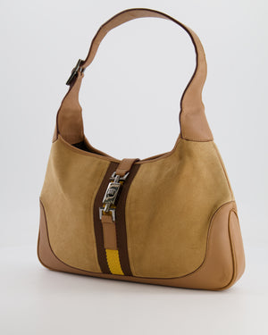 Gucci Brown Suede, Leather Vintage Jackie Bag with Yellow Stripe Detail Silver Hardware