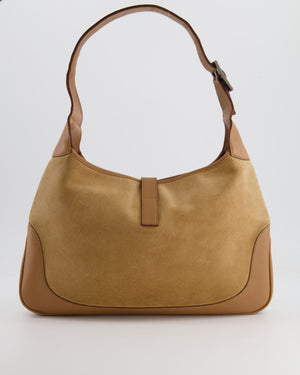 Gucci Brown Suede, Leather Vintage Jackie Bag with Yellow Stripe Detail Silver Hardware