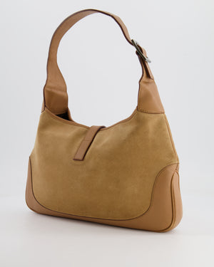 Gucci Brown Suede, Leather Vintage Jackie Bag with Yellow Stripe Detail Silver Hardware