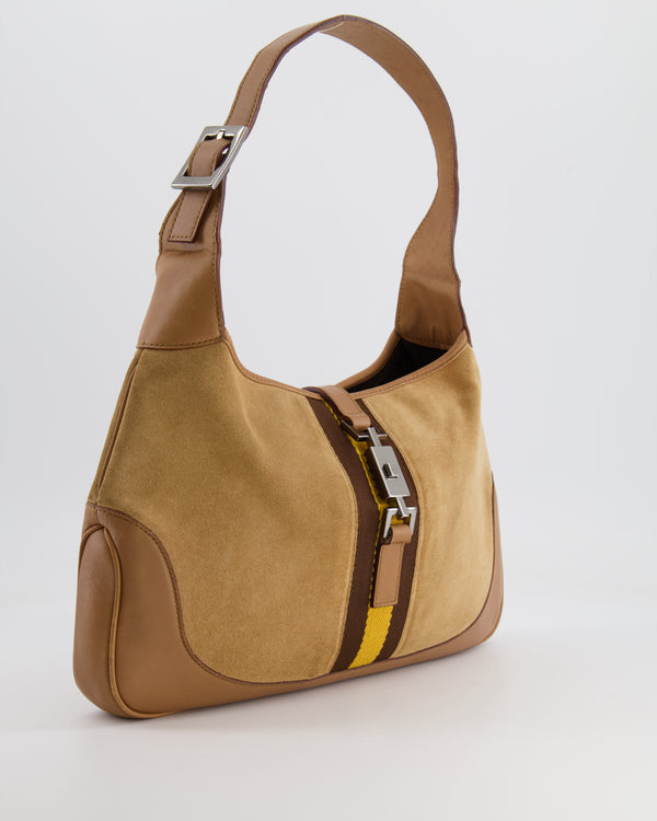 Gucci Brown Suede, Leather Vintage Jackie Bag with Yellow Stripe Detail Silver Hardware