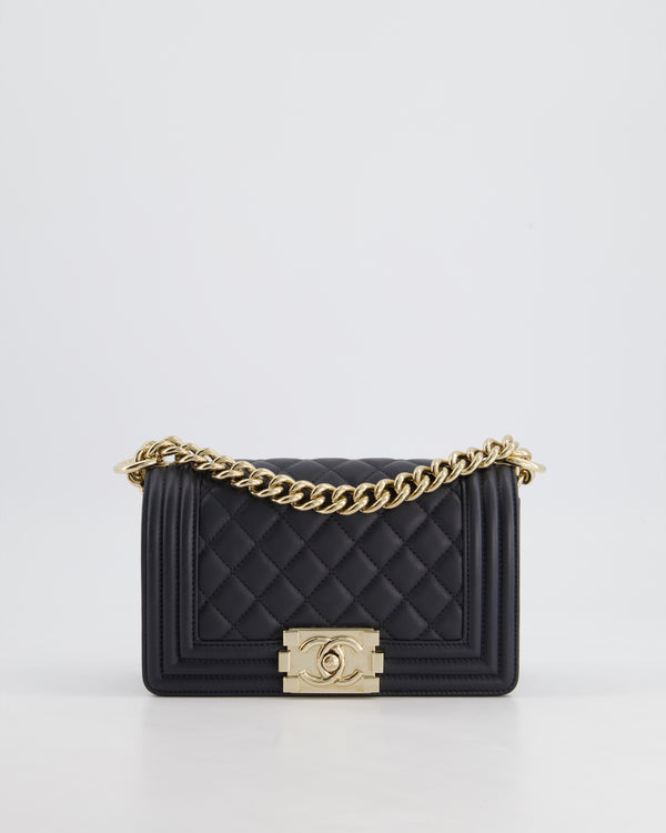 Chanel Navy Small Boy Bag in Quilted Lambskin Leather With Champagne Gold Hardware