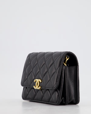 *HOT* Chanel Black Mini Seasonal Flap Bag In Lambskin Leather with Gold & Black Hardware