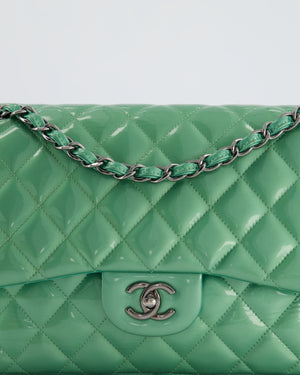 *FIRE PRICE* Chanel Mint Green Classic Jumbo Double Flap Bag in Patent Leather with Gunmetal Hardware RRP £9,940