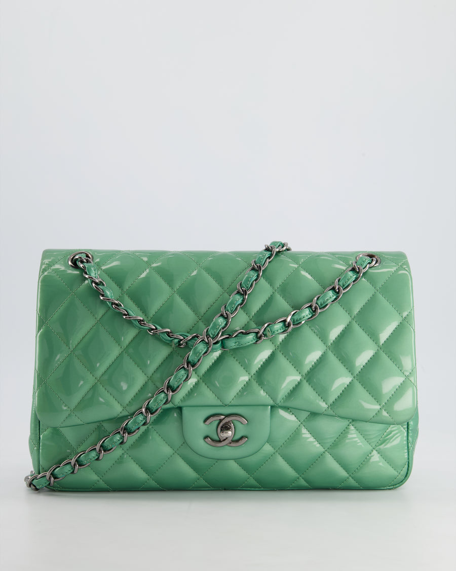 *FIRE PRICE* Chanel Mint Green Classic Jumbo Double Flap Bag in Patent Leather with Gunmetal Hardware RRP £9,940