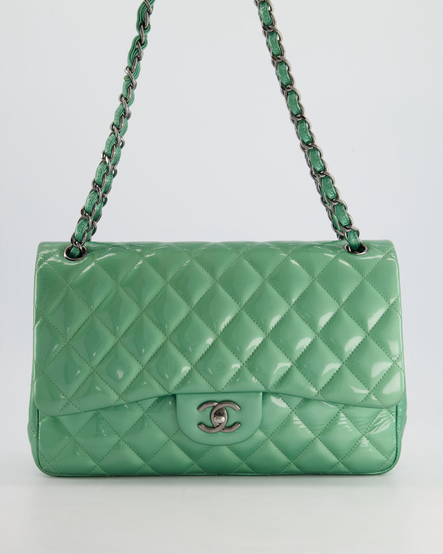 *FIRE PRICE* Chanel Mint Green Classic Jumbo Double Flap Bag in Patent Leather with Gunmetal Hardware RRP £9,940