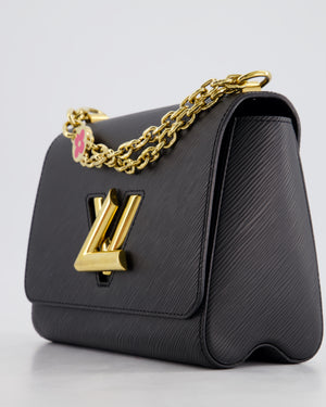 Louis Vuitton Black Epi Leather Twist MM Bag with Gold Chain Hardware and Pink Flower Detail