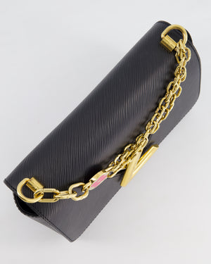 Louis Vuitton Black Epi Leather Twist MM Bag with Gold Chain Hardware and Pink Flower Detail