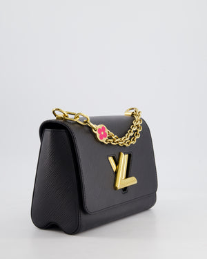 Louis Vuitton Black Epi Leather Twist MM Bag with Gold Chain Hardware and Pink Flower Detail