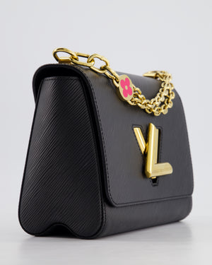 Louis Vuitton Black Epi Leather Twist MM Bag with Gold Chain Hardware and Pink Flower Detail