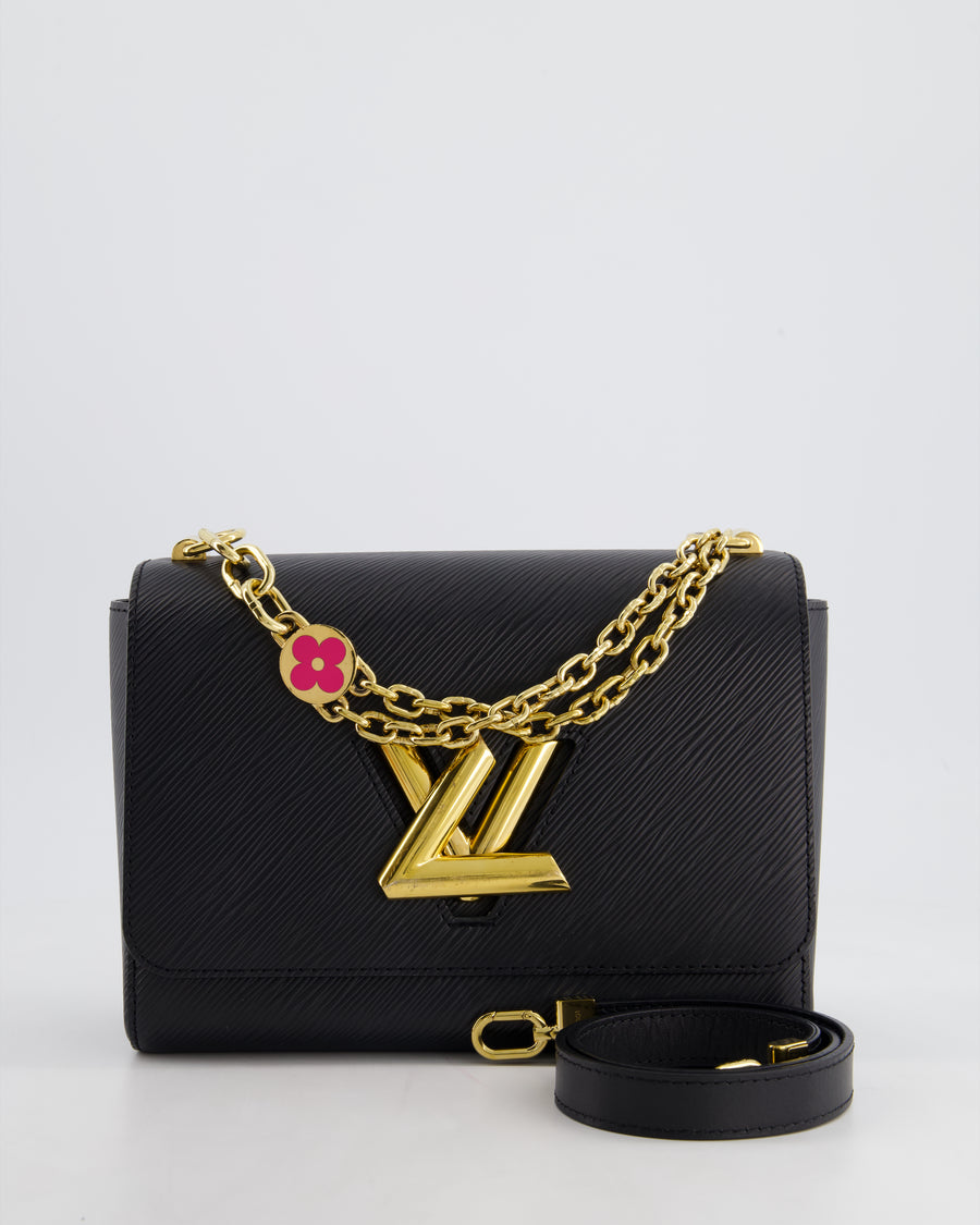 Louis Vuitton Black Epi Leather Twist MM Bag with Gold Chain Hardware and Pink Flower Detail