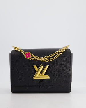 Louis Vuitton Black Epi Leather Twist MM Bag with Gold Chain Hardware and Pink Flower Detail