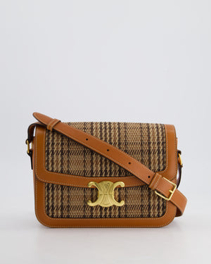 *RARE* Celine Classique Triomphe Bag in Brown Calfskin & Tartan Fabric with Gold Hardware