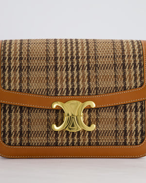 *RARE* Celine Classique Triomphe Bag in Brown Calfskin & Tartan Fabric with Gold Hardware