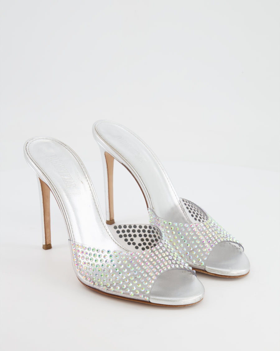 Paris Texas Silver Crystal-Embellished High-Heel Mules Size EU 39.5