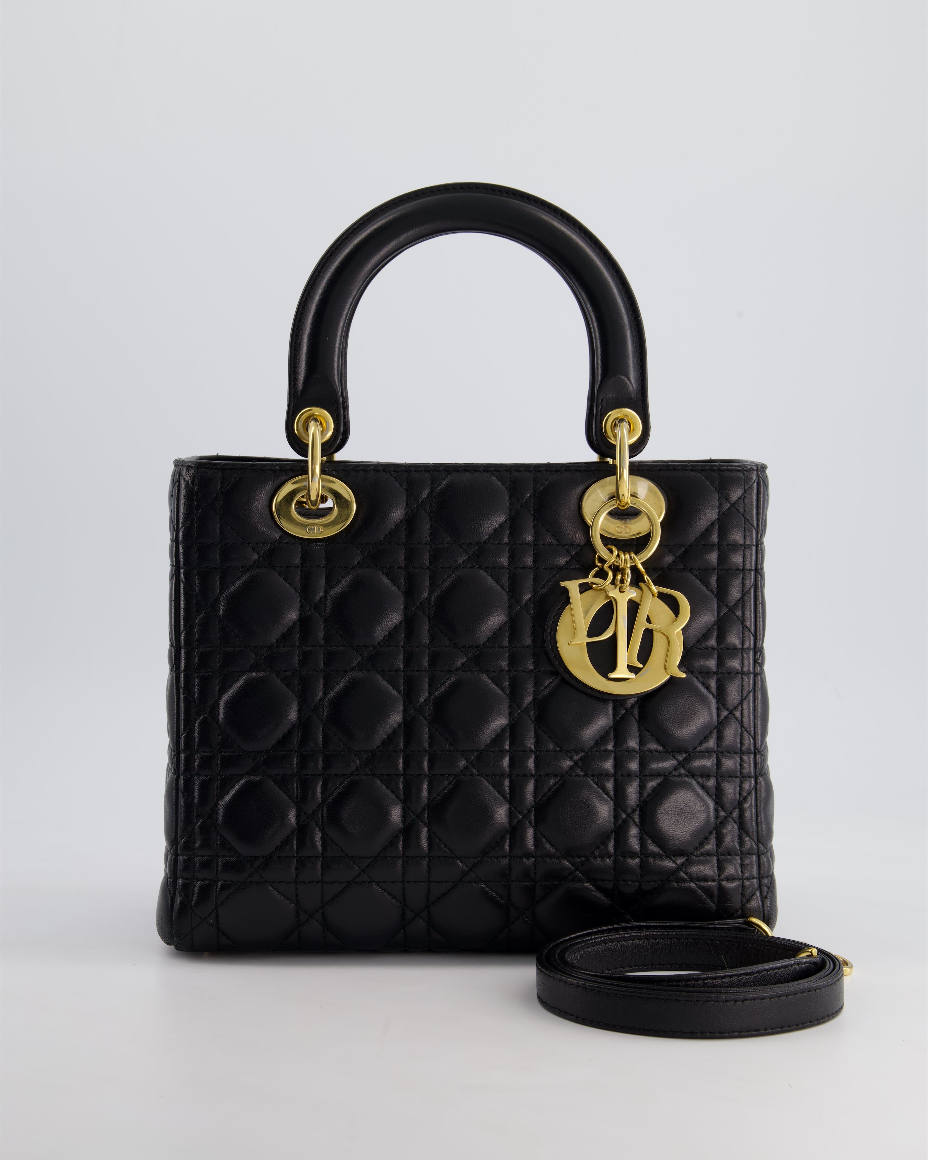 Christian Dior Black Medium Lady Dior Bag in Cannage Lambskin Leather Sellier