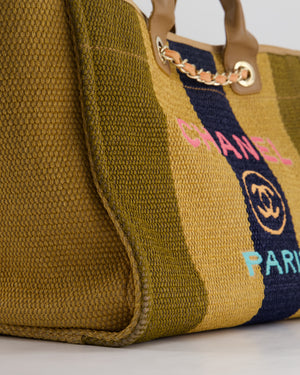 *HOT* Chanel Beige, Navy and Khaki Raffia Deauville Tote with Pastel Logo and Champagne Gold Hardware