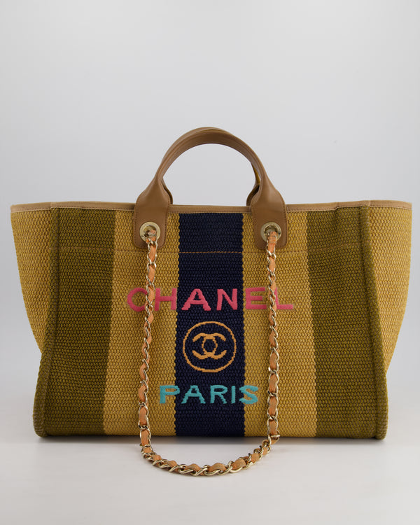 *HOT* Chanel Beige, Navy and Khaki Raffia Deauville Tote with Pastel Logo and Champagne Gold Hardware