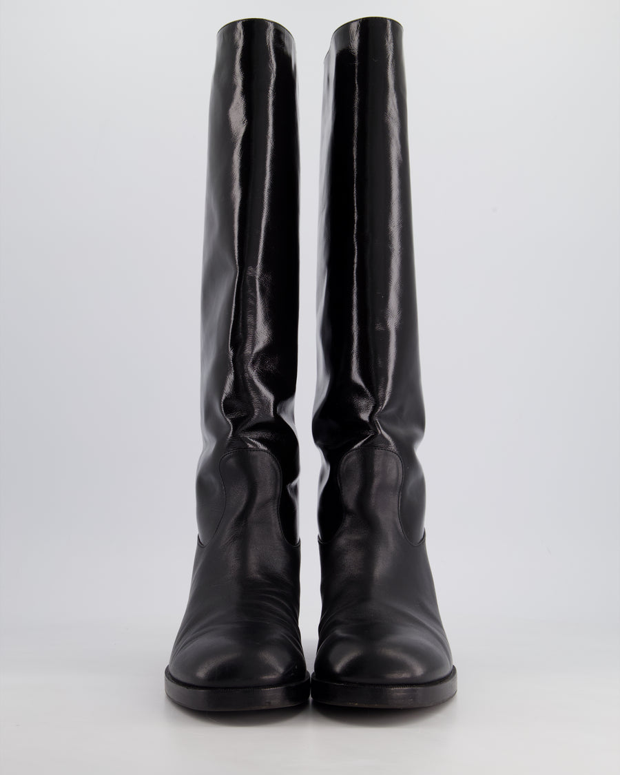 Chanel Black Patent Leather Knee High Boots with Embossed Logo Size EU 40