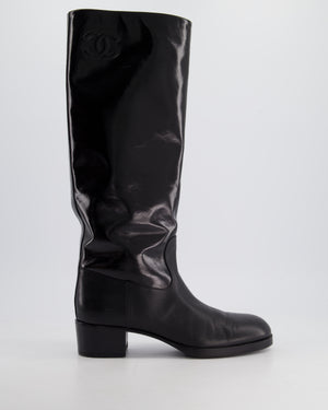 Chanel Black Patent Leather Knee High Boots with Embossed Logo Size EU 40