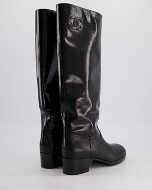 Chanel Black Patent Leather Knee High Boots with Embossed Logo Size EU 40