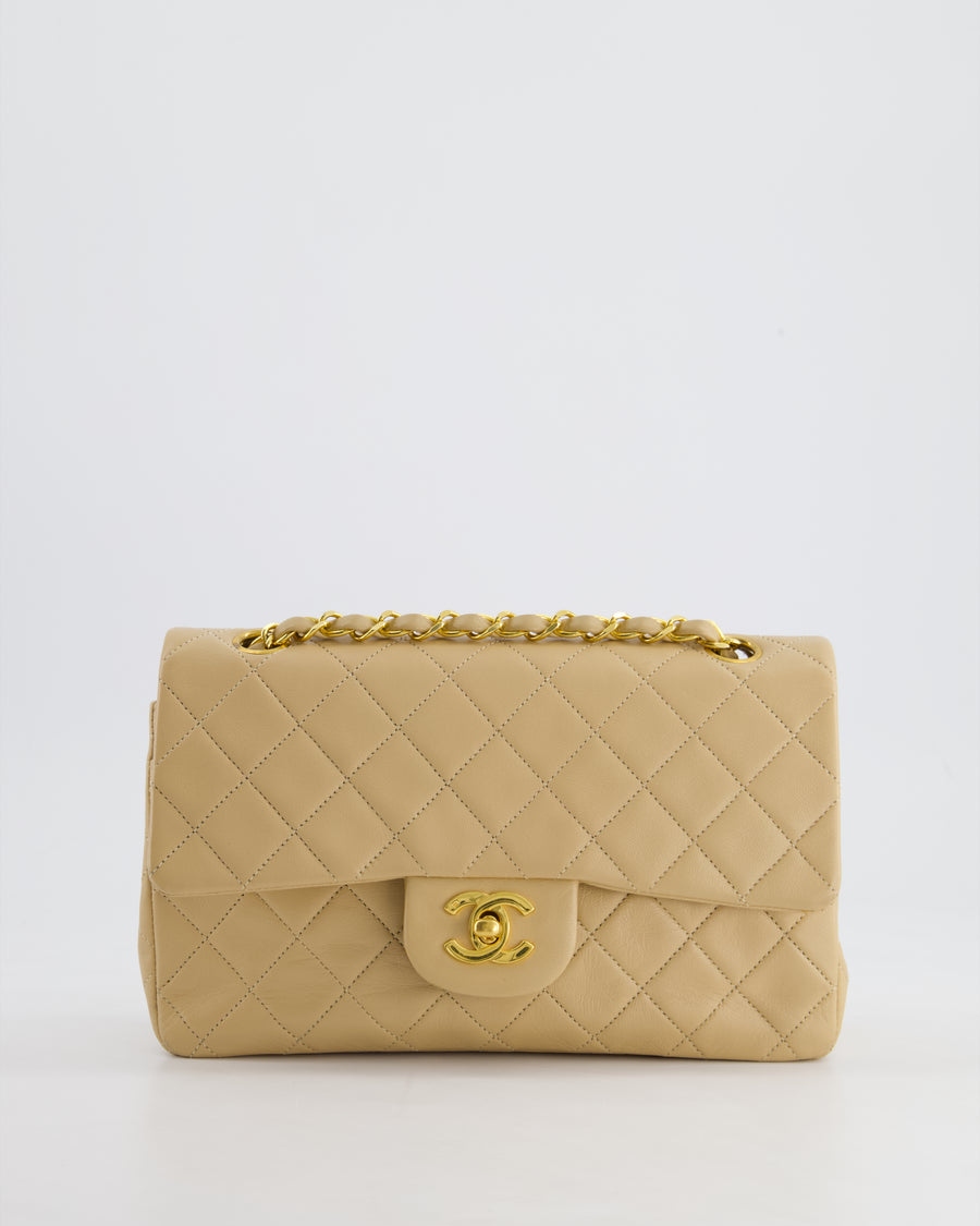 Chanel Vintage Beige Small Double Flap Bag in Lambskin Leather with 24K Gold Plated Hardware