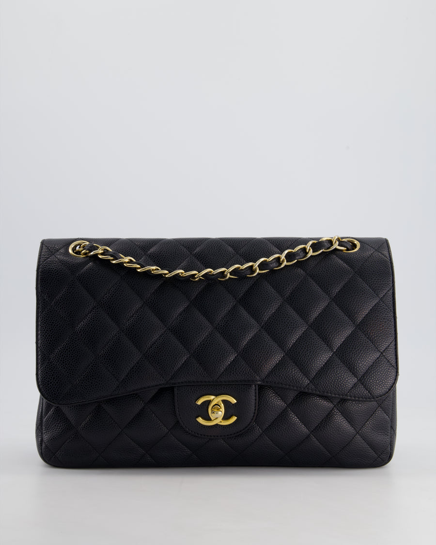 *HOT* Chanel Black Classic Jumbo Double Flap Bag in Caviar Leather and Gold Hardware