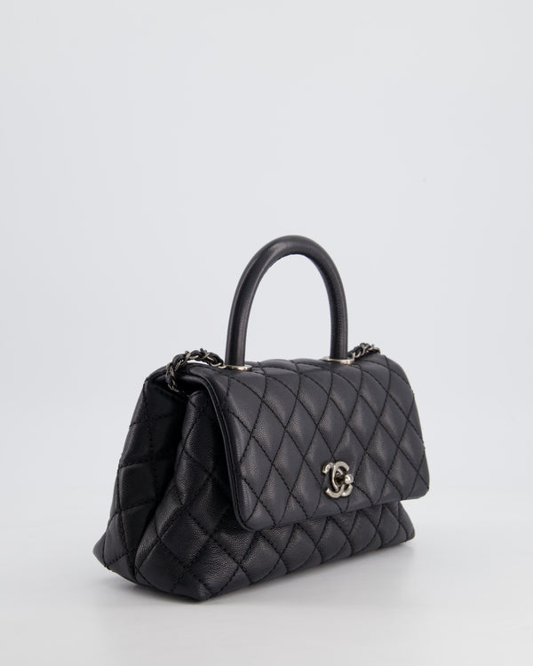 *FIRE PRICE* Chanel Black Small Caviar Quilted Coco Handle Flap Bag with Black Calfskin Handle and Ruthenium Hardware