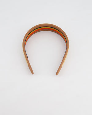 Hermes Gold Elizabeth Headband in Swift Calfskin, Embroidered "H" Motif & Rocabar Ribbon Interior