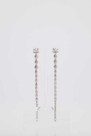 *HOT* Chanel Long Silver Crystal Earrings with CC Logo