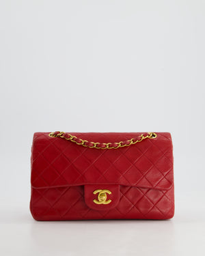 Chanel Red Vintage Small Classic Double Flap Bag in Lambskin Leather with 24K Gold Hardware