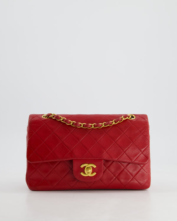 Chanel Red Vintage Small Classic Double Flap Bag in Lambskin Leather with 24K Gold Hardware