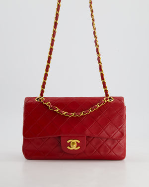 Chanel Red Vintage Small Classic Double Flap Bag in Lambskin Leather with 24K Gold Hardware