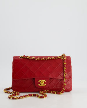 Chanel Red Vintage Small Classic Double Flap Bag in Lambskin Leather with 24K Gold Hardware