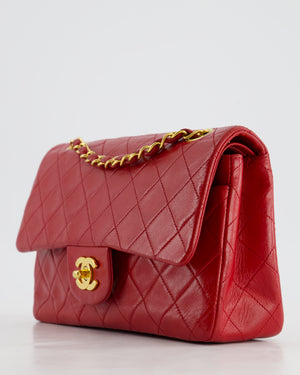 Chanel Red Vintage Small Classic Double Flap Bag in Lambskin Leather with 24K Gold Hardware