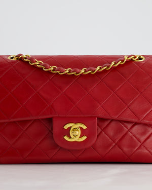 Chanel Red Vintage Small Classic Double Flap Bag in Lambskin Leather with 24K Gold Hardware