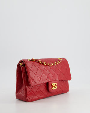 Chanel Red Vintage Small Classic Double Flap Bag in Lambskin Leather with 24K Gold Hardware