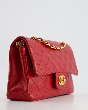 Chanel Red Vintage Small Classic Double Flap Bag in Lambskin Leather with 24K Gold Hardware