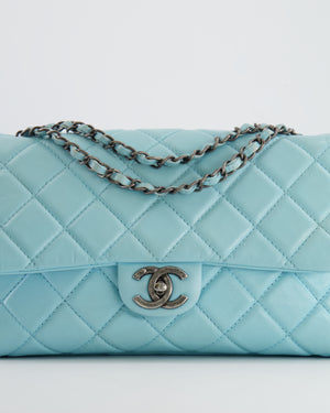 Chanel Baby Blue Single Flap Bag in Aged Calfskin Leather with Ruthenium Hardware